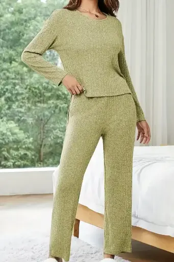 女式羅紋休閒套裝(上衣+長褲)